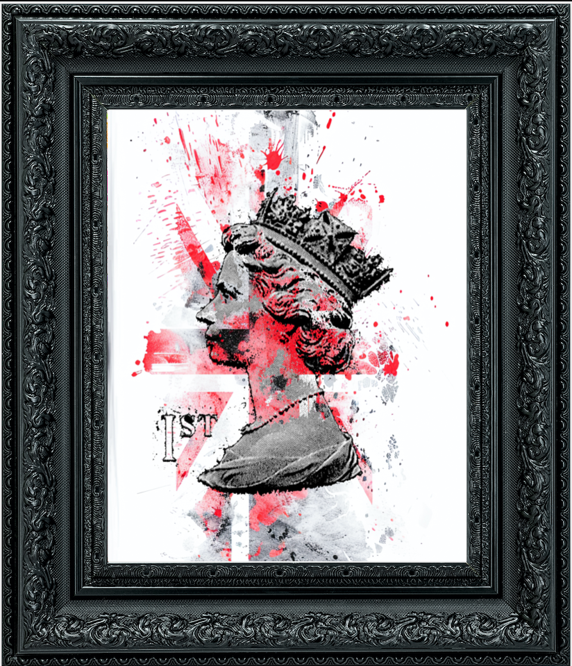 Framed artwork with a stylized portrait and abstract red and white design.