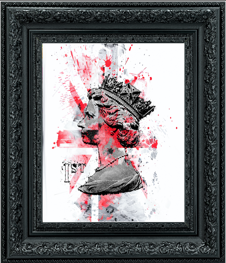 Framed artwork with a stylized portrait and abstract red and white design.