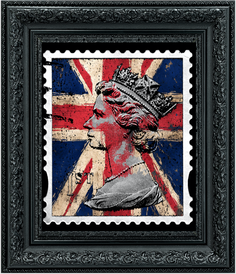 Framed artwork of a postage stamp design with a British flag and a portrait.