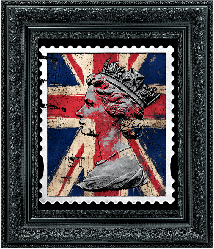 Framed artwork of a postage stamp design with a British flag and a portrait.