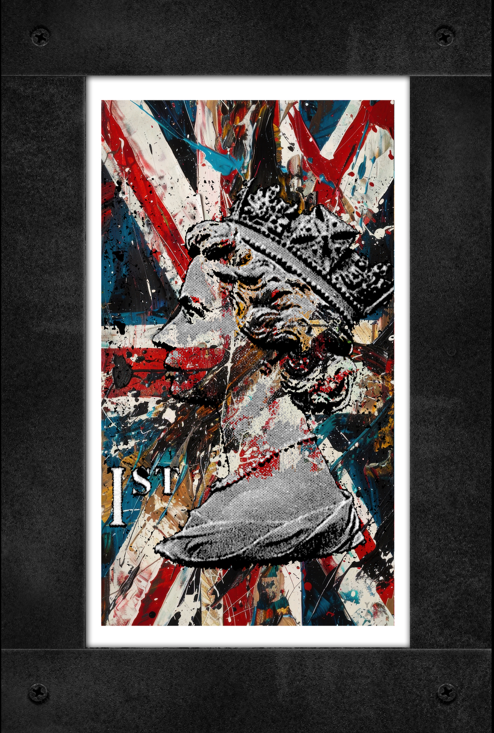 Artistic depiction of a figure with a crown against a Union Jack background