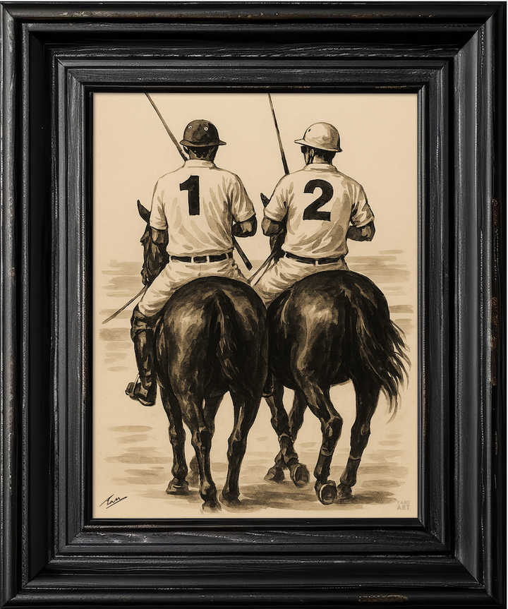 Artistic depiction of two polo players on horses with numbers 1 and 2, framed in black.