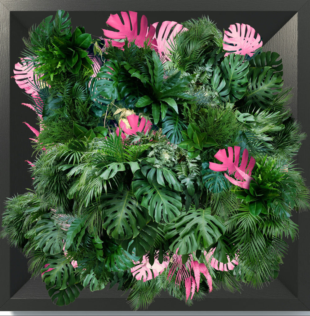 An acrylic print with a 3D effect featuring a variety of artificial foliage and purple flowers, designed to be mounted on a wall.