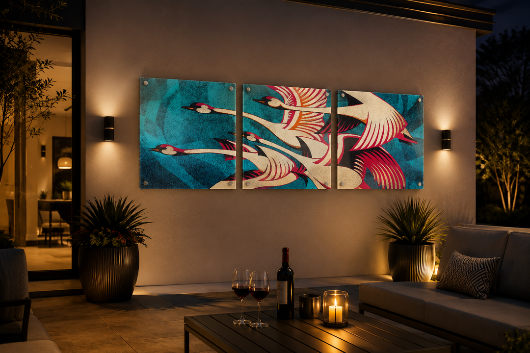 Modern living room with a wall art piece featuring flamingos, dim lighting, and decorative plants.