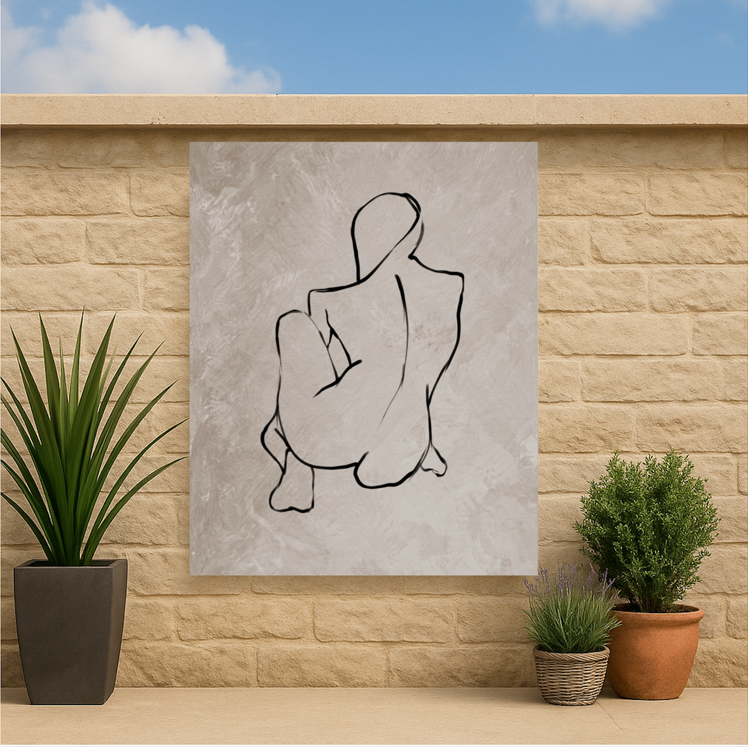 Abstract line art of a nude figure on a textured wall with plants below.