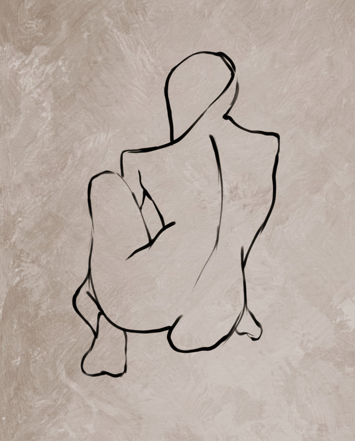 Abstract line drawing of a human figure on a textured beige background
