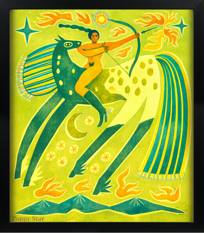 Colorful artwork of a centaur with a bow and arrow on a green background, featuring the artist's signature 'Poppy Star'.
