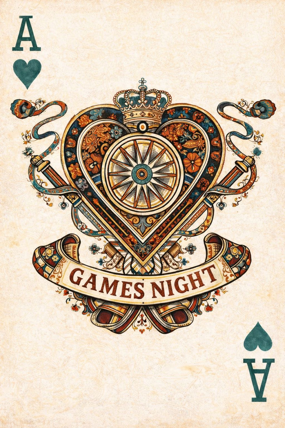 Decorative card with heart design and 'Games Night' text on a beige background