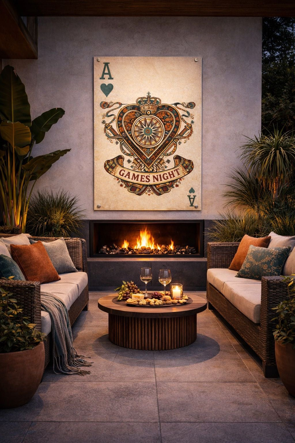 Outdoor patio with fire pit, seating area, and decorative wall art.