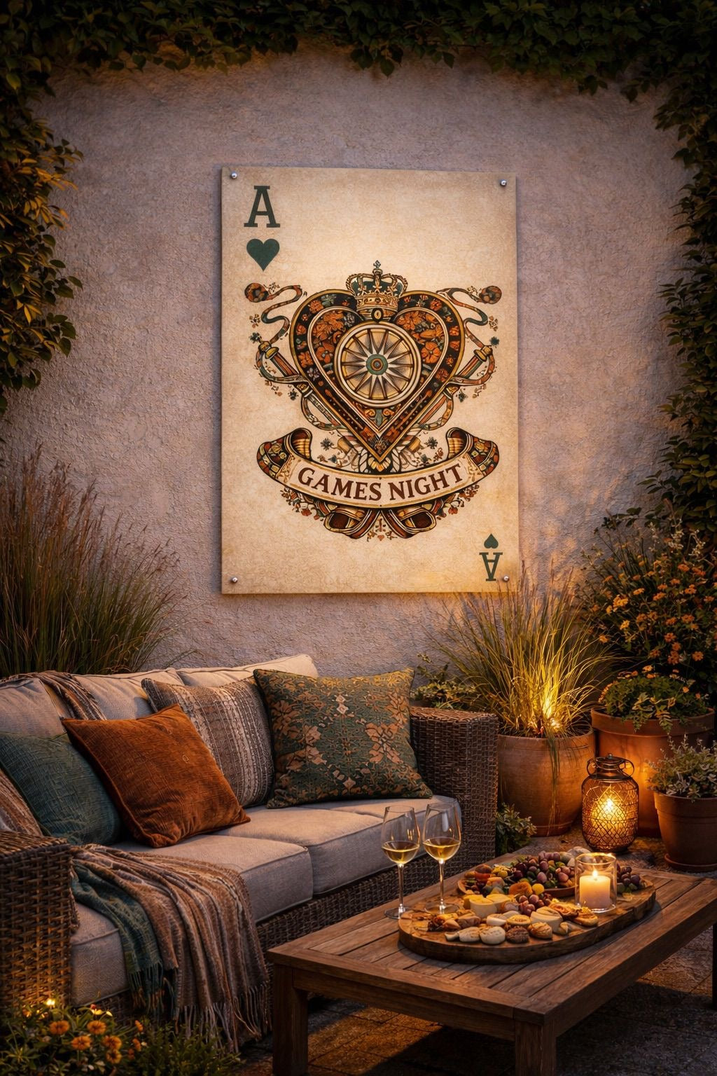 Outdoor evening setting with a decorated wall, couch, and table with drinks and snacks.
