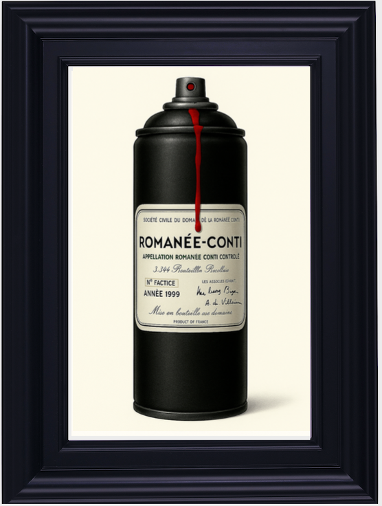Framed artwork of a black spray can with a label resembling Romané-Conti wine bottle on a beige background.