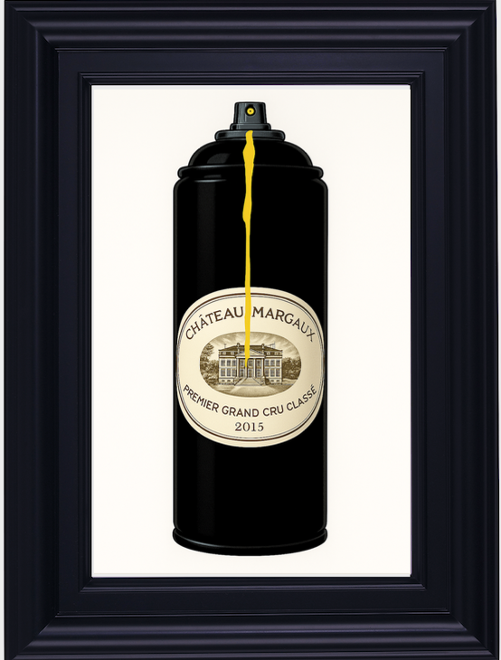 Black spray paint can with Château Margaux label in a white frame