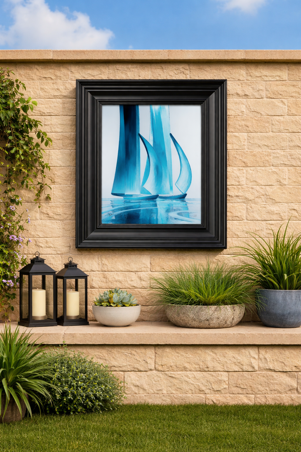 Framed artwork of blue abstract design on a stone wall with outdoor decor.