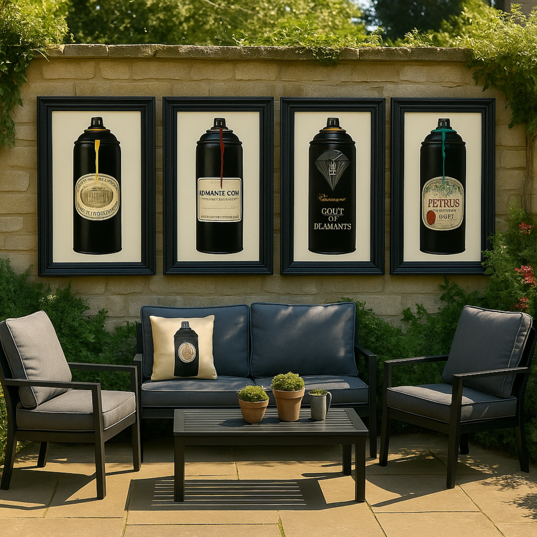 Outdoor patio with framed artwork of wine bottles on a stone wall.