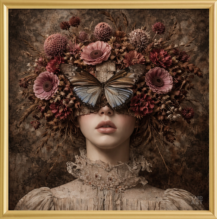 Artistic depiction of a person with flowers and a butterfly on their face, framed in gold.
