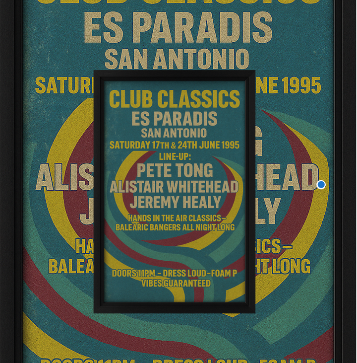 A vibrant acrylic print with a 3D effect frame featuring a retro dance music lineup at Club Classics event, with bold text and colorful background.