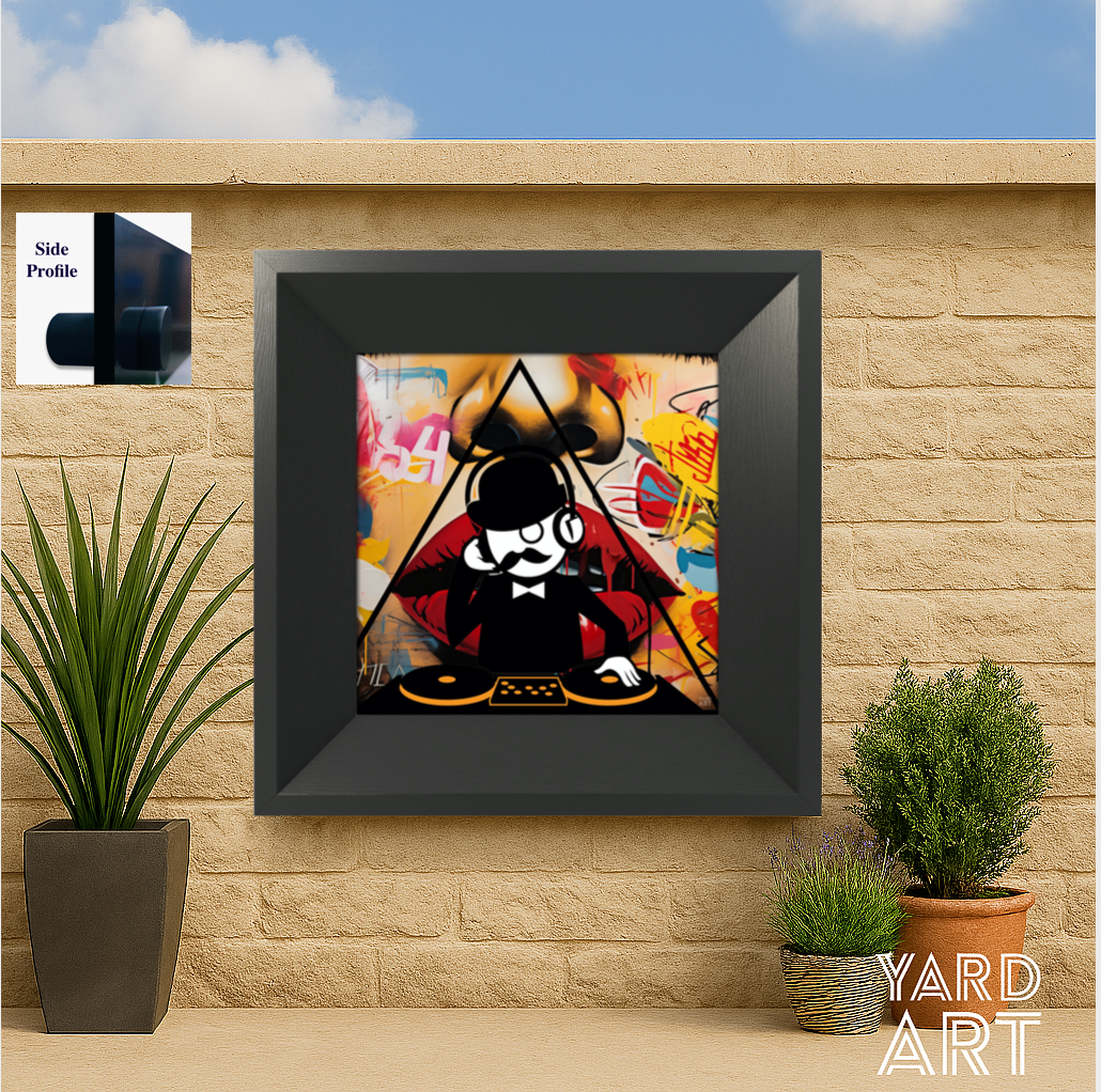 Framed artwork of a character with a black hat and red outfit on a beige wall with plants.