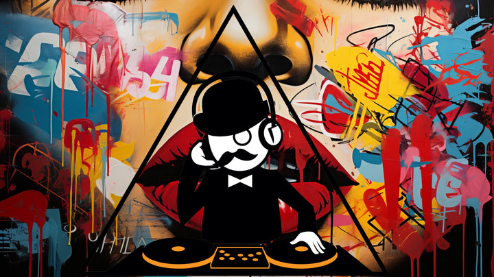 Colorful graffiti-style illustration of a DJ with headphones and turntables against a vibrant background.