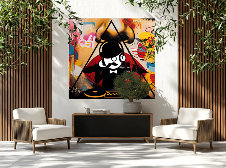 Modern living room with a colorful abstract painting on the wall, two white chairs, and a wooden console table.