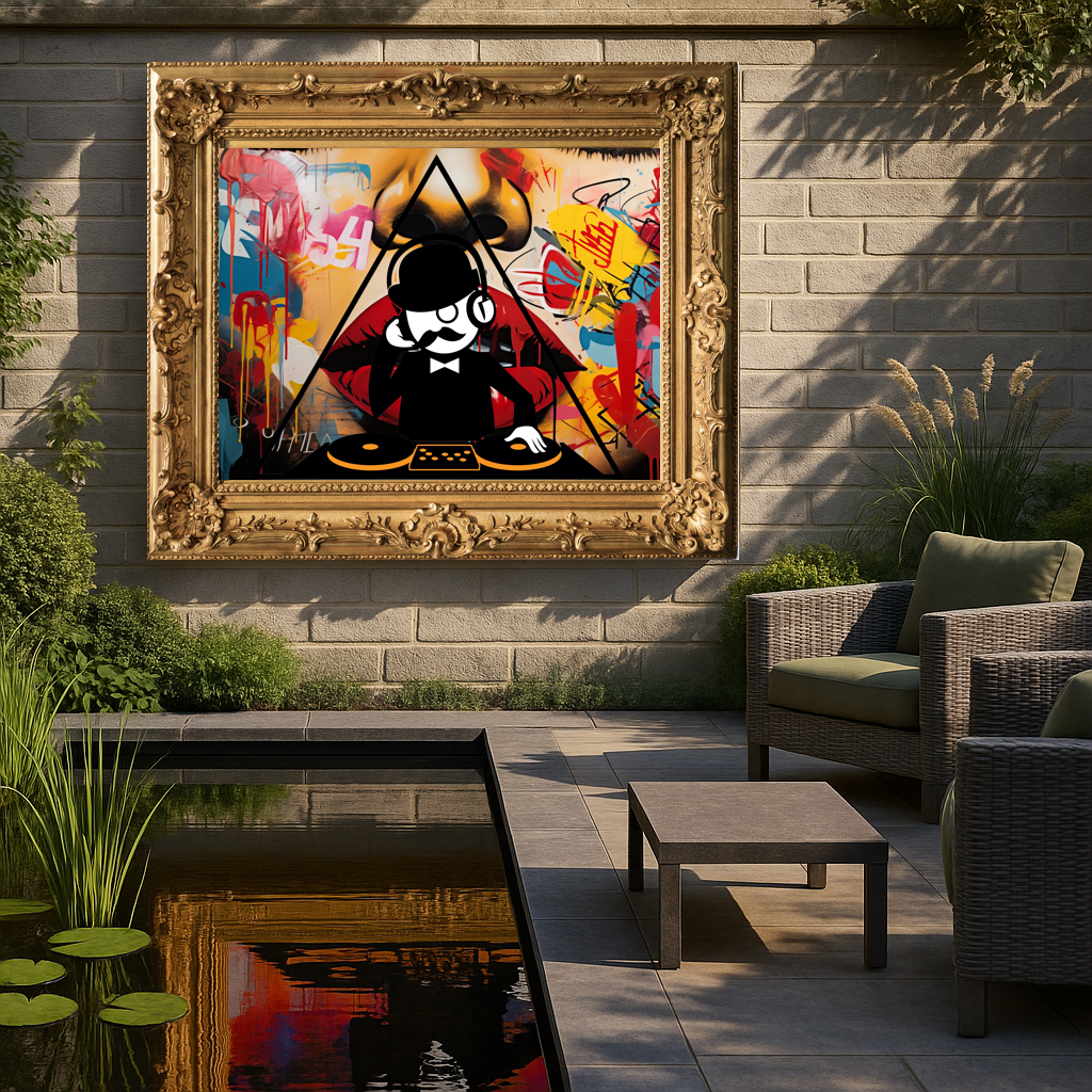 Decorative outdoor setting with a colorful painting on a wall, surrounded by garden elements and furniture.