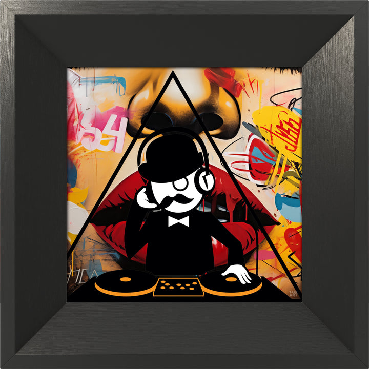 Framed artwork of a stylized figure with a mustache operating DJ equipment against a colorful abstract background.