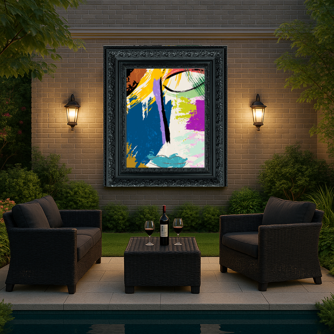 Outdoor patio with wicker chairs, a table with wine glasses, and a colorful abstract painting on a brick wall.