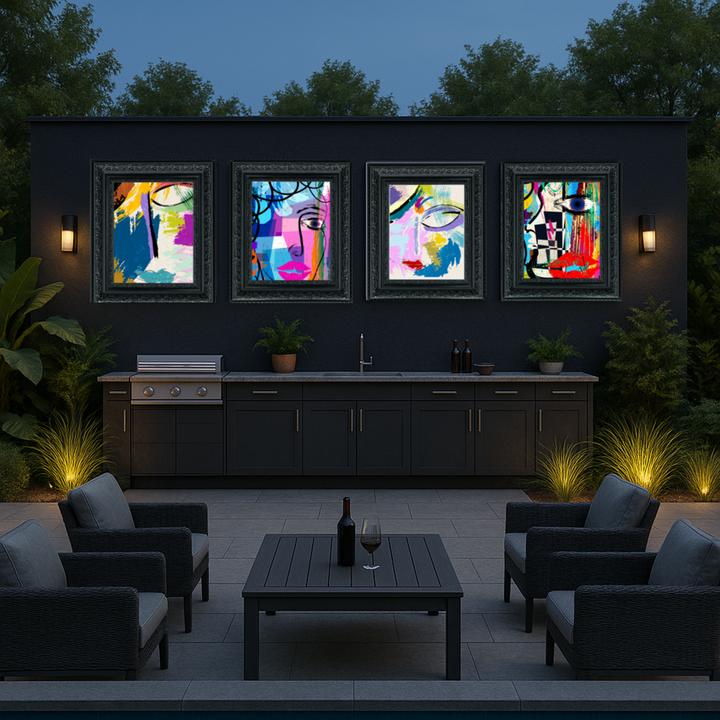 Outdoor patio area with modern art on a dark wall, outdoor furniture, and a grill.
