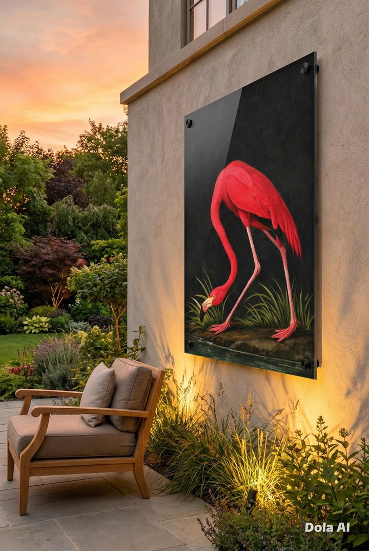 Flamingo artwork on a wall with outdoor furniture and garden in the background