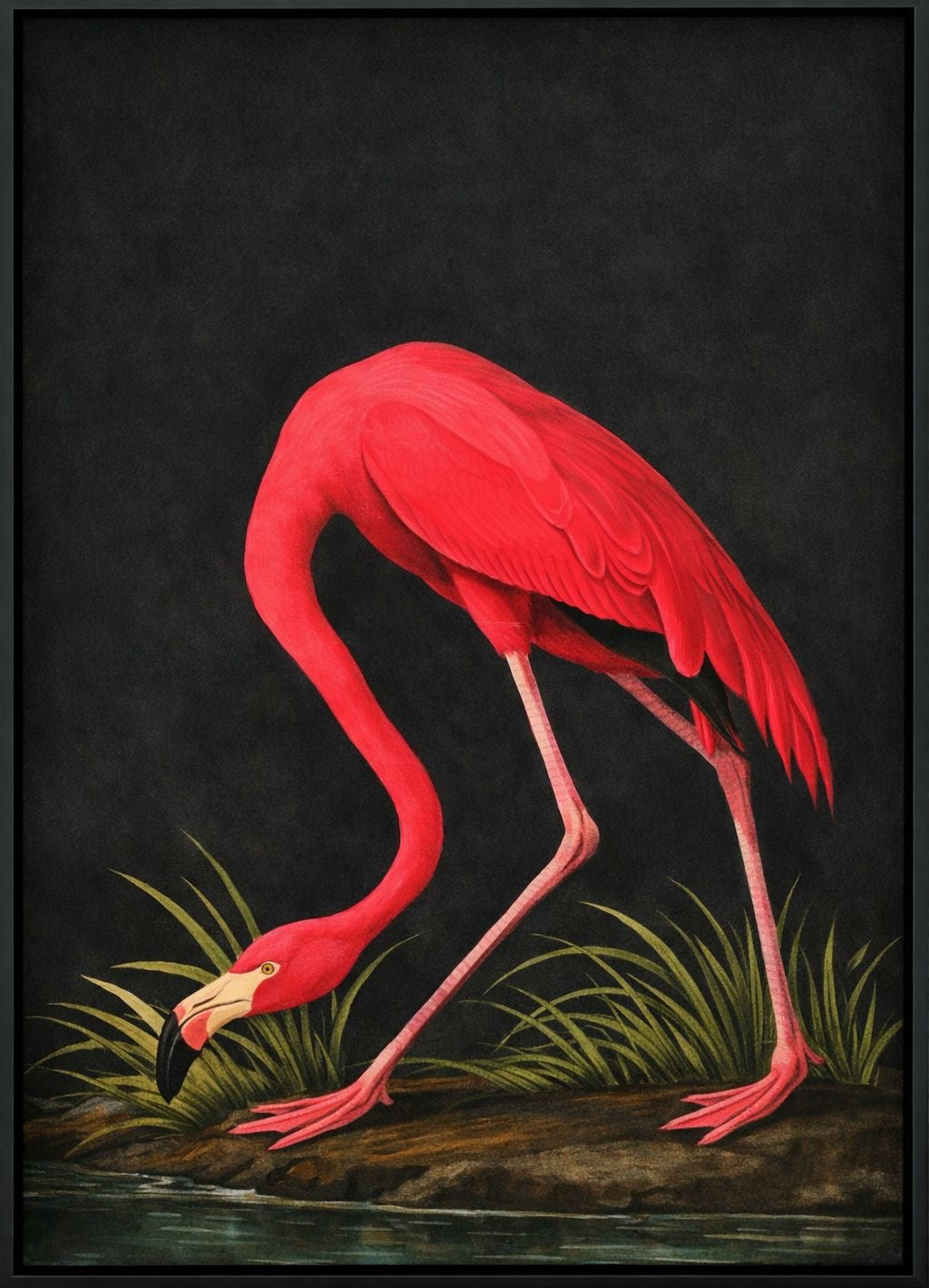 Acrylic fine art of a pink flamingo in a natural setting with grass and water.