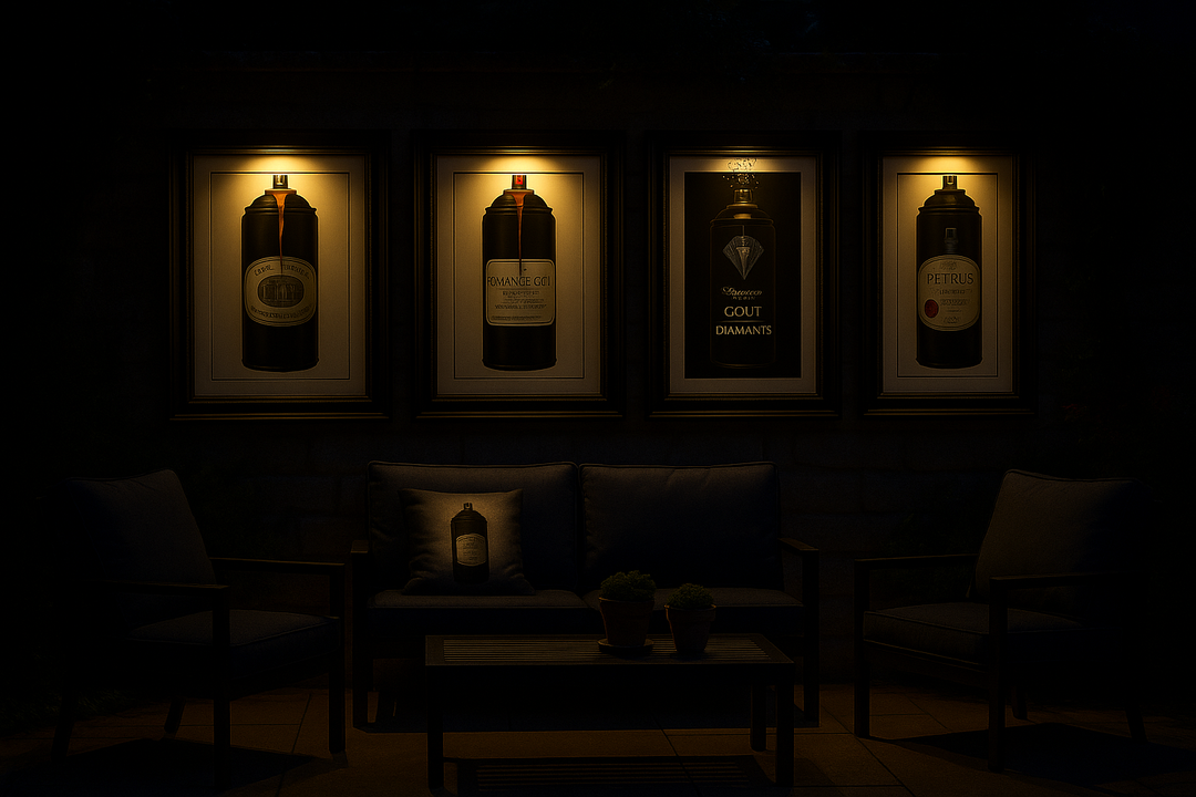 Framed bottles of Gucci on a dark wall with minimal furniture.