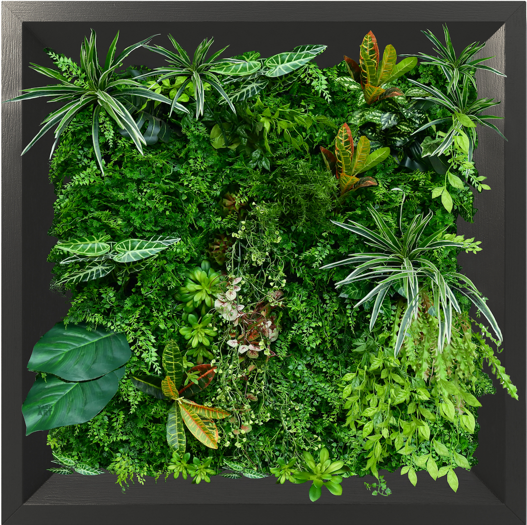 An acrylic print with a 3D effect featuring a variety of artificial foliage and purple flowers, designed to be mounted on a wall.