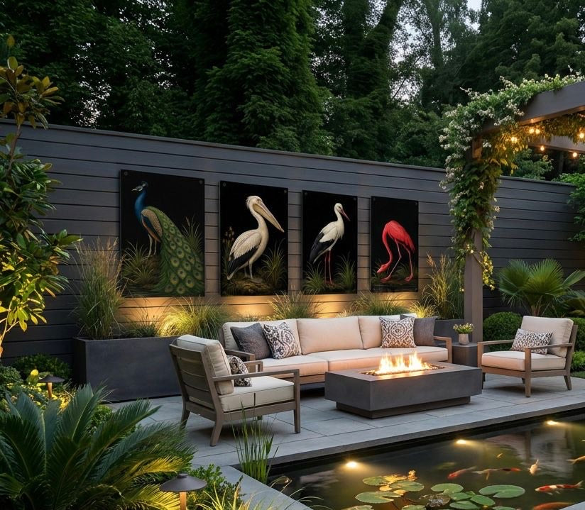 Outdoor patio with seating area, fire pit, and wall art of birds.