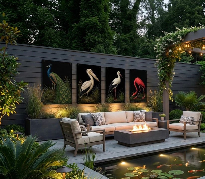 Outdoor patio with seating area, fire pit, and wall art of birds.