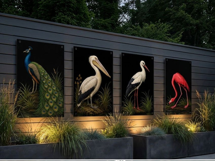 Four bird art on a wall with decorative plants below.