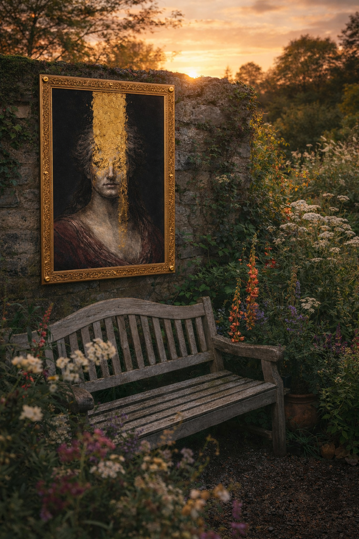 Framed artwork on a stone wall with a bench and flowers in the foreground