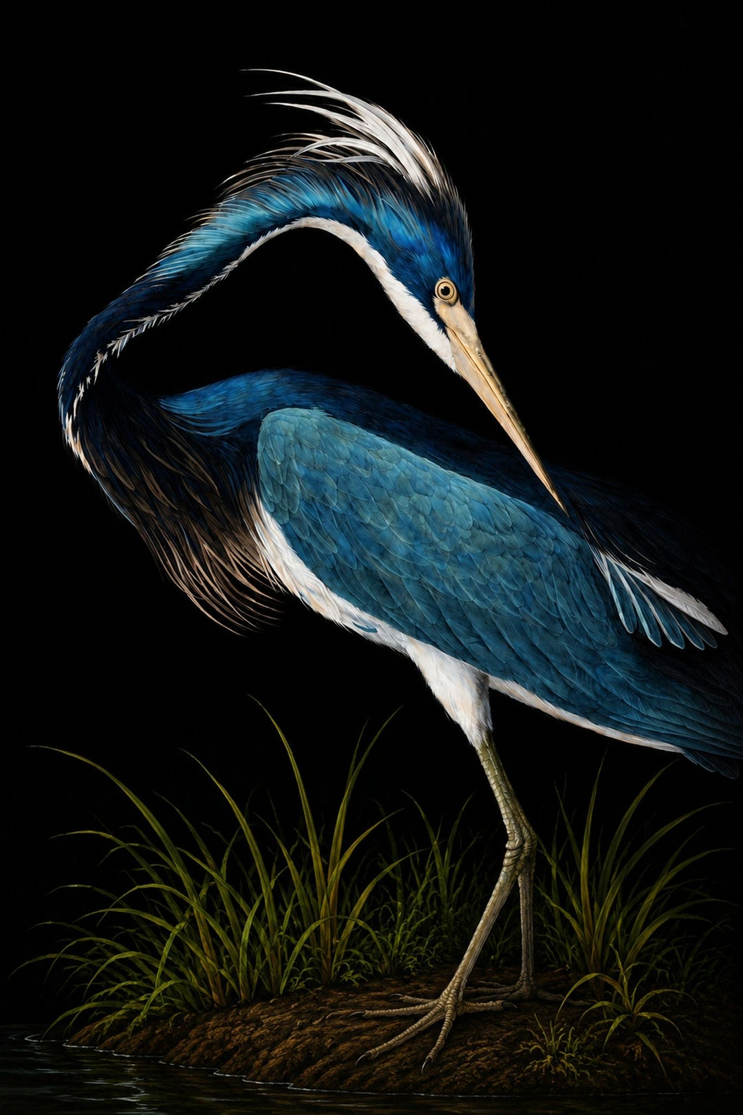 Blue heron standing in water with a dark background