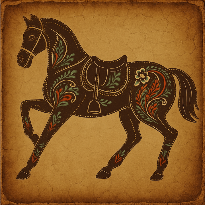 Decorative horse illustration with floral patterns on a textured brown background