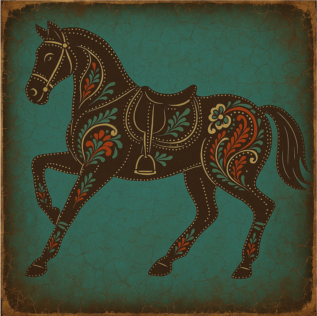Decorative horse illustration with intricate patterns on a textured teal background