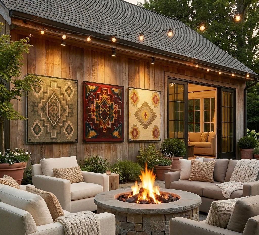 Outdoor patio with fire pit, comfortable seating, and decorative wall art.