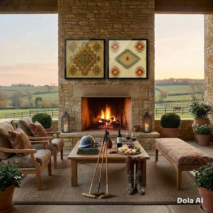 Cozy living room with stone fireplace, outdoor view, and decorative elements.