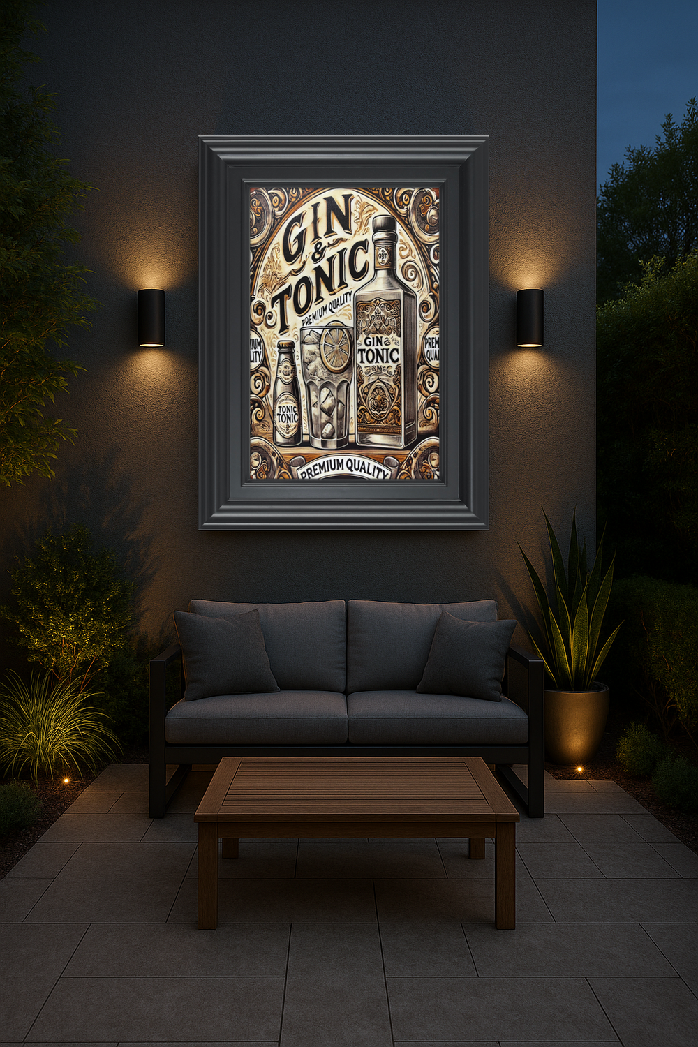 Framed Gin & Tonic poster on a wall with outdoor furniture below