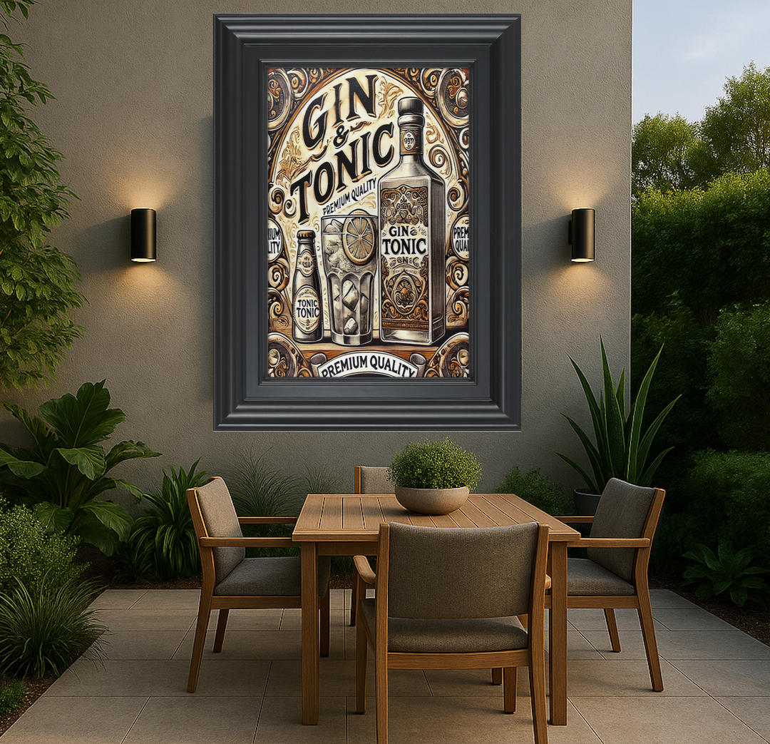 Framed Gin & Tonic poster above a wooden dining table with chairs outdoors.