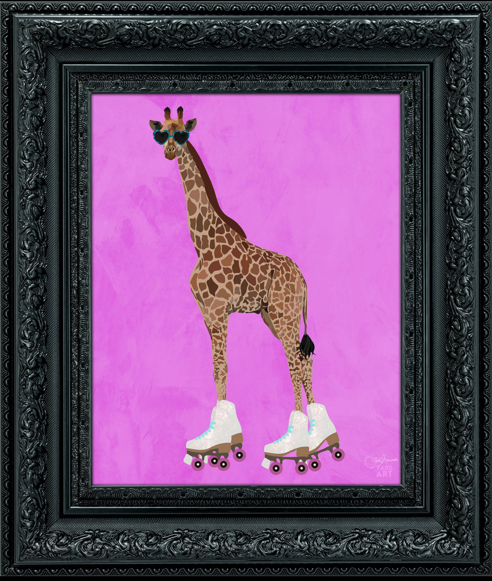 Framed artwork of a giraffe wearing roller skates on a pink background