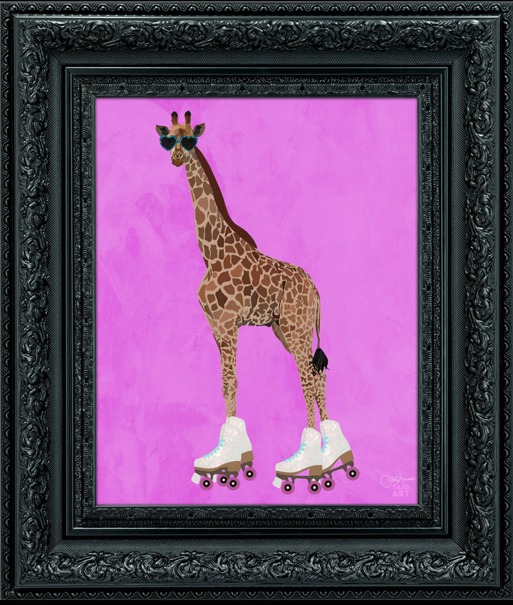 Framed artwork of a giraffe wearing roller skates on a pink background