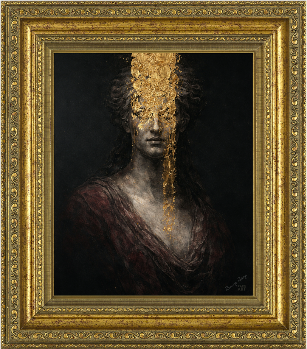 Artistic portrait with gold leaf detailing in a decorative gold frame
