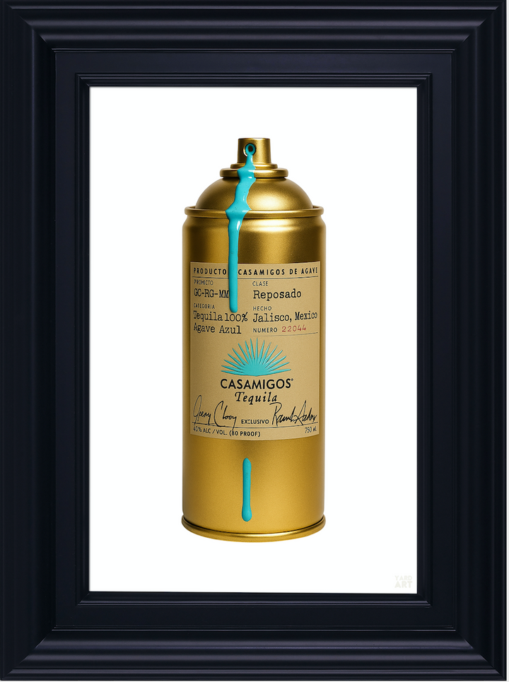 Gold canister with blue accents on a white background, framed in black.