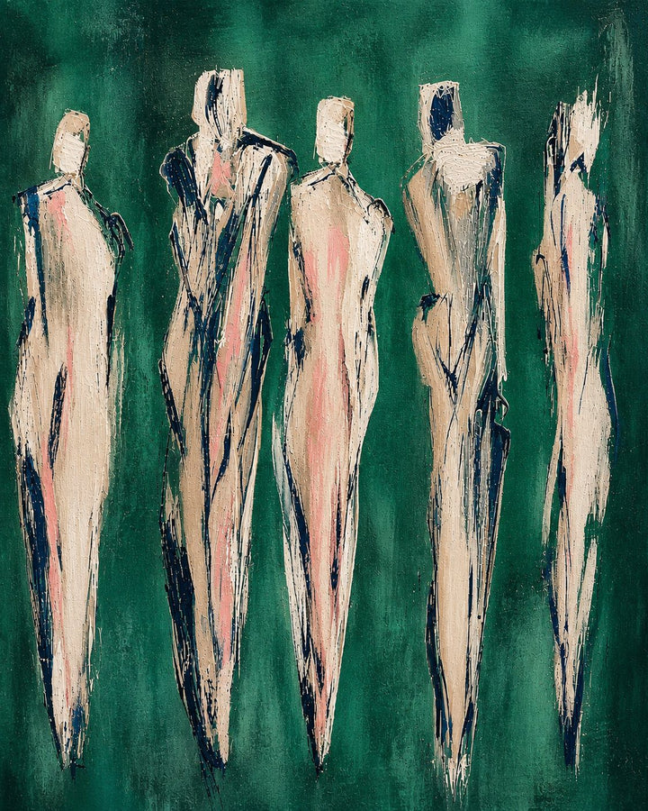 Abstract art of five humanoid figures on a green background
