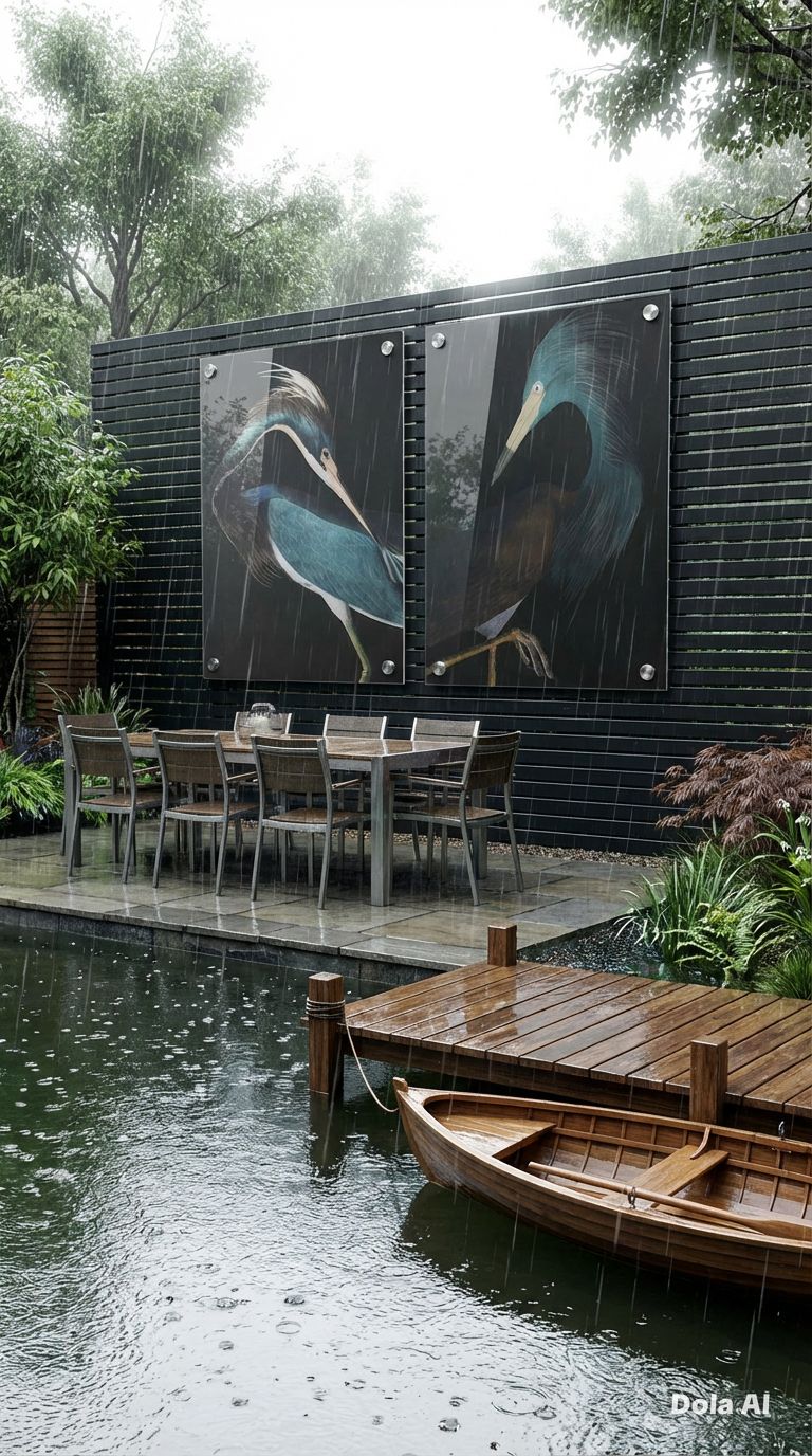 Outdoor setting with a table and chairs by a pond, featuring a black wall with acrylic outdoor heron art.