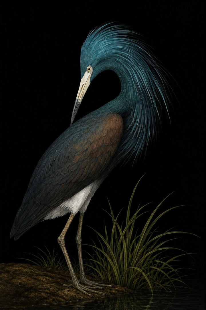 Colorful heron standing on a branch with grass against a black background