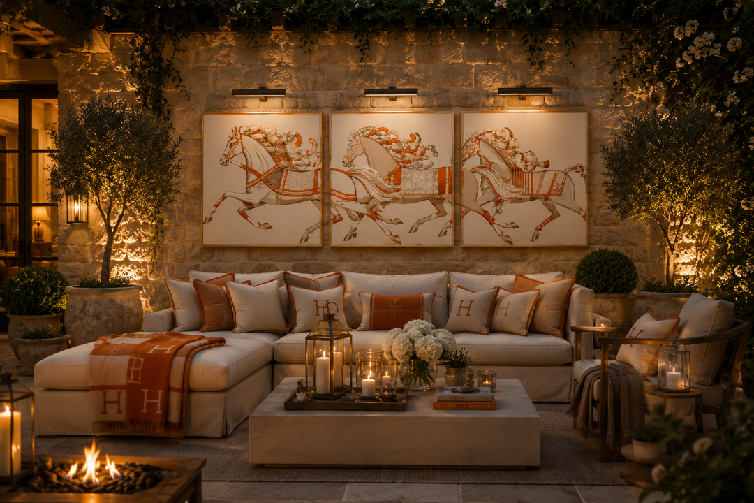 Outdoor evening setting with a cozy patio area featuring a sectional sofa, fire pit, and decorative wall art.